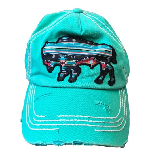 KBETHOS Vintage Buffalo Patch‎ Distressed Hat Teal Adjustable 100% Cotton Adult - Picture 1 of 13